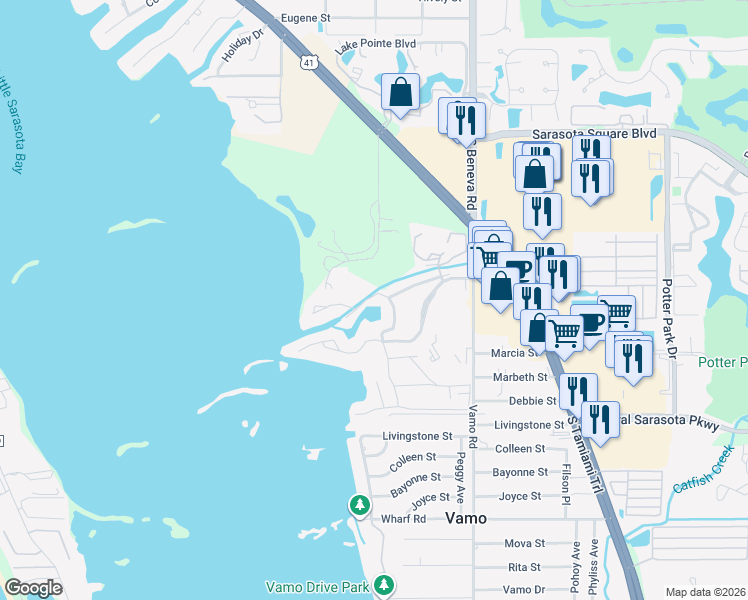 map of restaurants, bars, coffee shops, grocery stores, and more near 1611 Clower Creek Drive in Sarasota