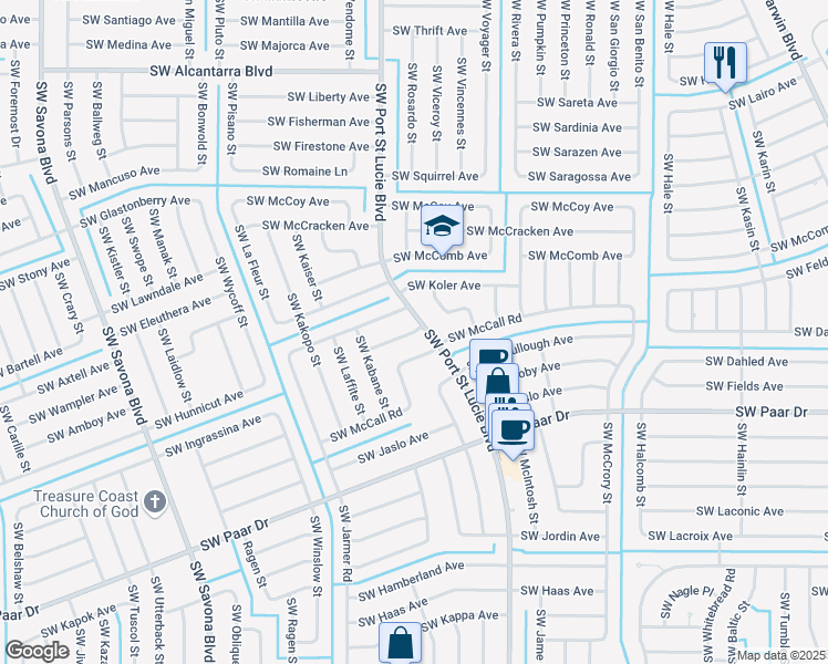 map of restaurants, bars, coffee shops, grocery stores, and more near 930 Southwest McHord Avenue in Port St. Lucie
