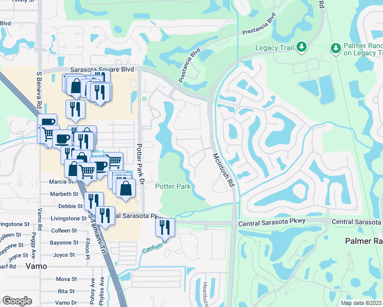 map of restaurants, bars, coffee shops, grocery stores, and more near 4230 Castlebridge Lane in Sarasota