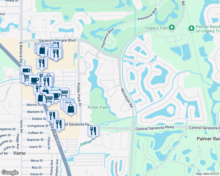 map of restaurants, bars, coffee shops, grocery stores, and more near 4230 Castlebridge Lane in Sarasota