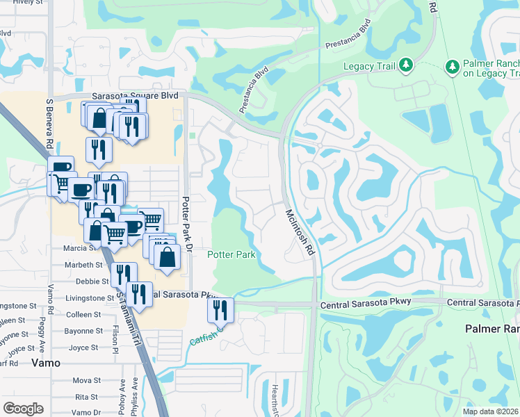 map of restaurants, bars, coffee shops, grocery stores, and more near 8350 Wingate Drive in Sarasota