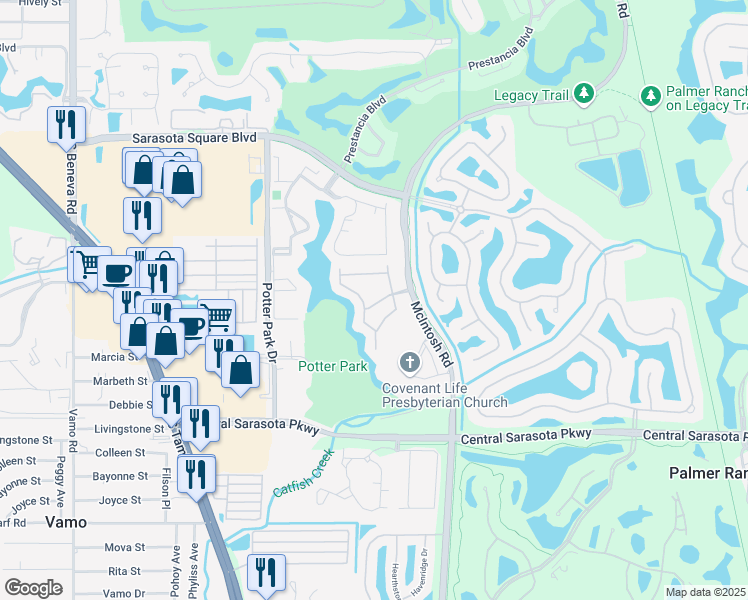 map of restaurants, bars, coffee shops, grocery stores, and more near 4230 Castlebridge Lane in Sarasota