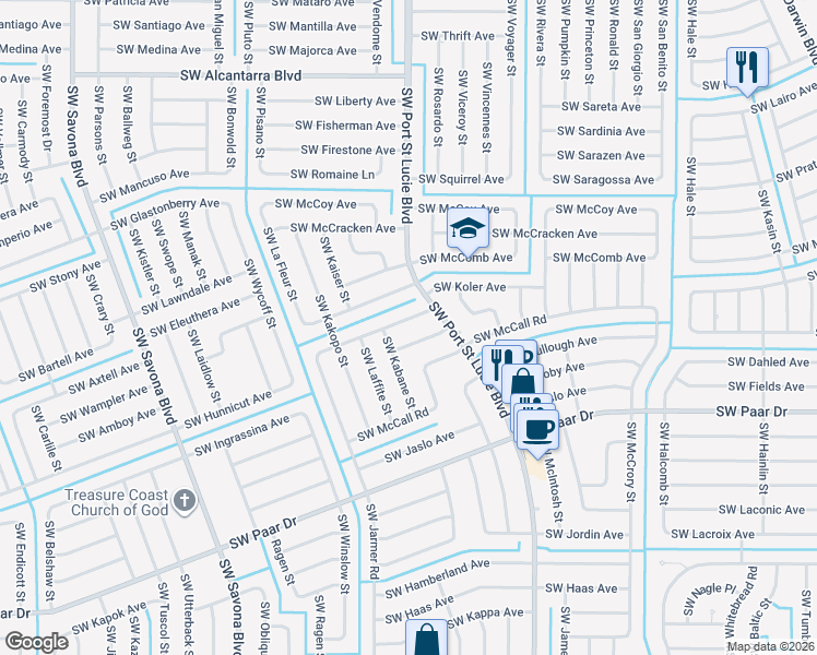 map of restaurants, bars, coffee shops, grocery stores, and more near 941 Southwest McDevitt Avenue in Port St. Lucie