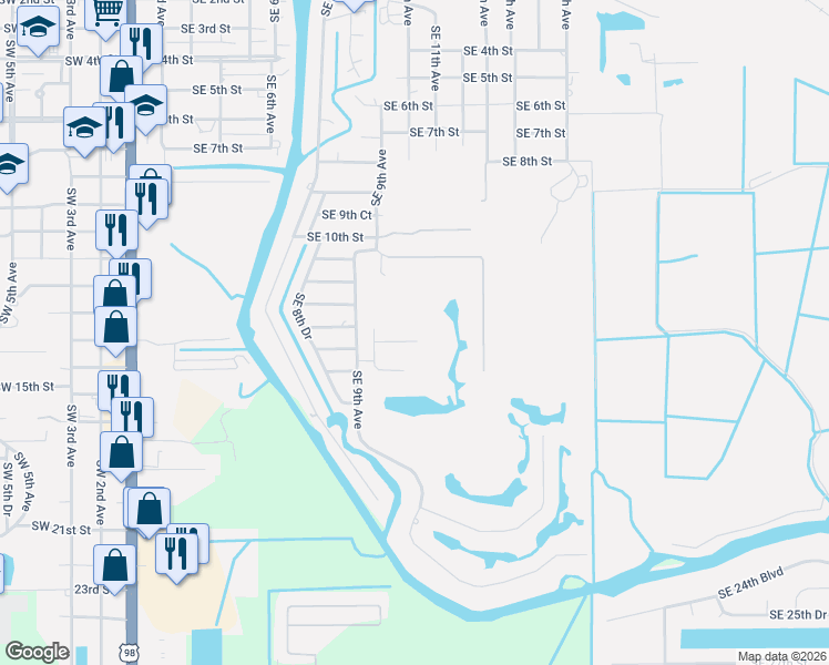 map of restaurants, bars, coffee shops, grocery stores, and more near 1005 Southeast 14th Court in Okeechobee