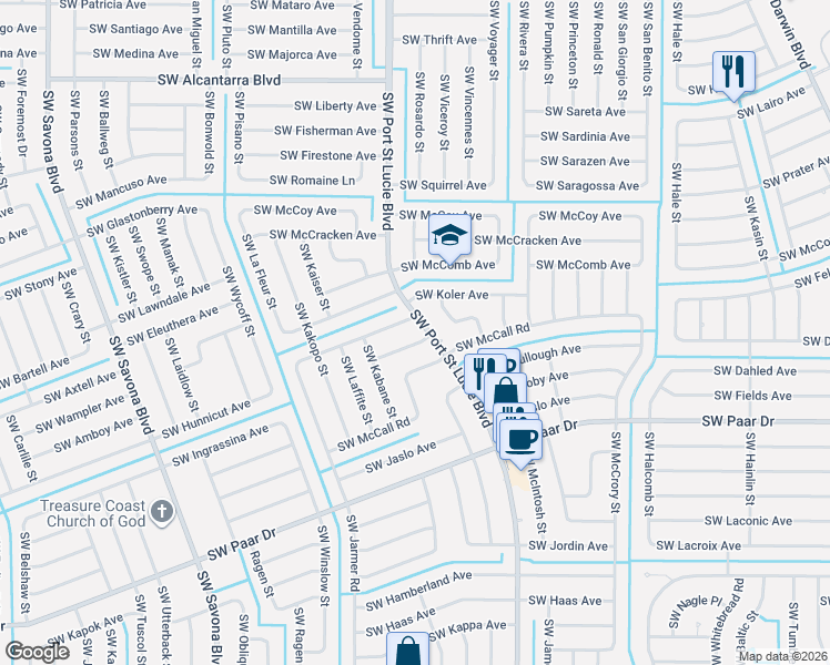 map of restaurants, bars, coffee shops, grocery stores, and more near 908 Southwest McDevitt Avenue in Port St. Lucie