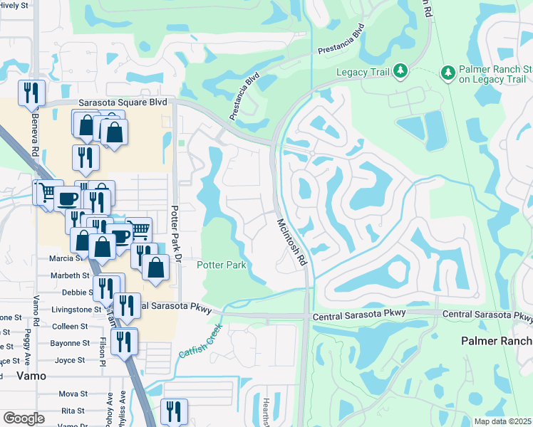 map of restaurants, bars, coffee shops, grocery stores, and more near 8330 Glen Rose Way in Sarasota