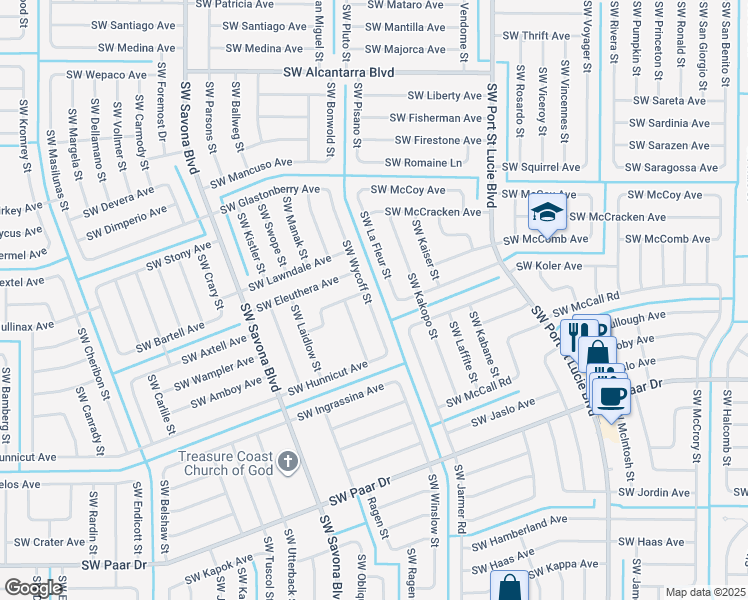 map of restaurants, bars, coffee shops, grocery stores, and more near 3865 Southwest Wycoff Street in Port St. Lucie