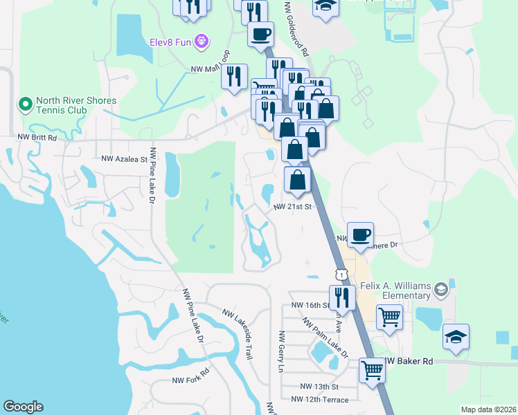 map of restaurants, bars, coffee shops, grocery stores, and more near 1225 Northwest 21st Street in Stuart