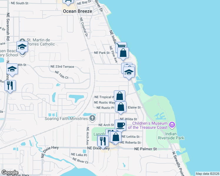 map of restaurants, bars, coffee shops, grocery stores, and more near 2308 Northeast Patrician Street in Jensen Beach