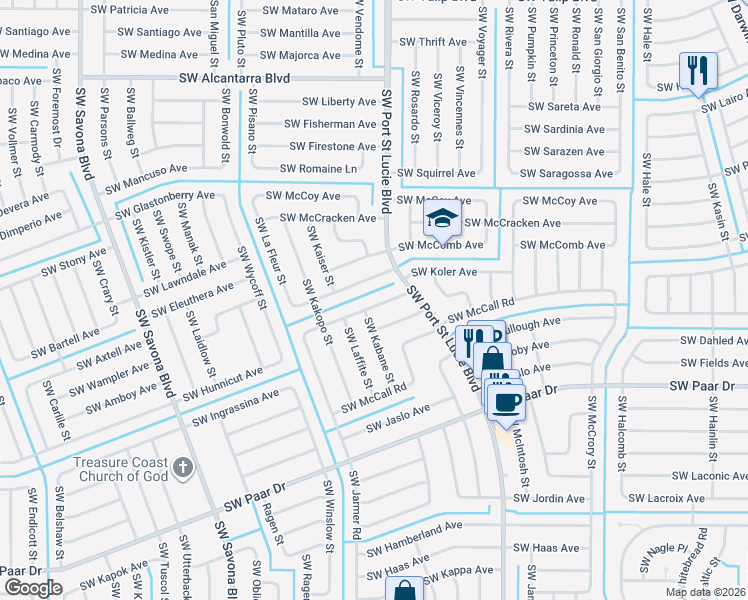 map of restaurants, bars, coffee shops, grocery stores, and more near 941 Southwest McDevitt Avenue in Port St. Lucie