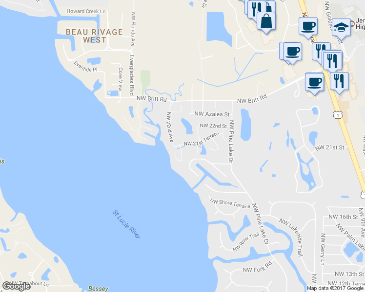 map of restaurants, bars, coffee shops, grocery stores, and more near 2093 Northwest Estuary Court in Stuart