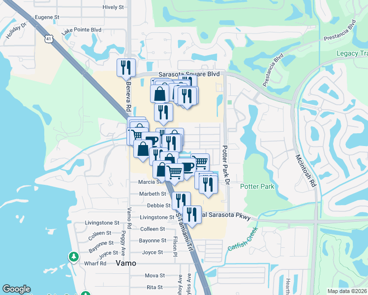 map of restaurants, bars, coffee shops, grocery stores, and more near 2123 Lake View Drive in Sarasota