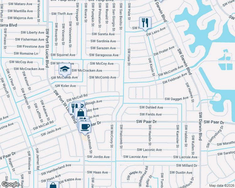 map of restaurants, bars, coffee shops, grocery stores, and more near 3801 Southwest McCrory Street in Port St. Lucie