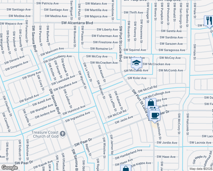 map of restaurants, bars, coffee shops, grocery stores, and more near 998 Southwest McComkle Avenue in Port St. Lucie