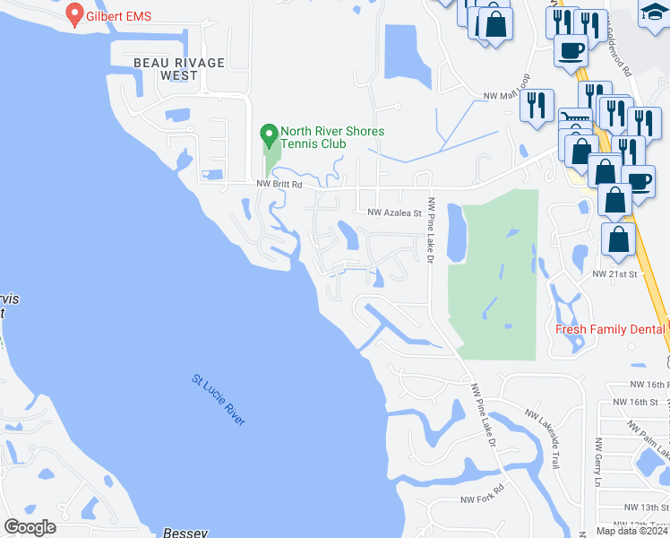 map of restaurants, bars, coffee shops, grocery stores, and more near 3704 Northwest 21st Terrace in Stuart