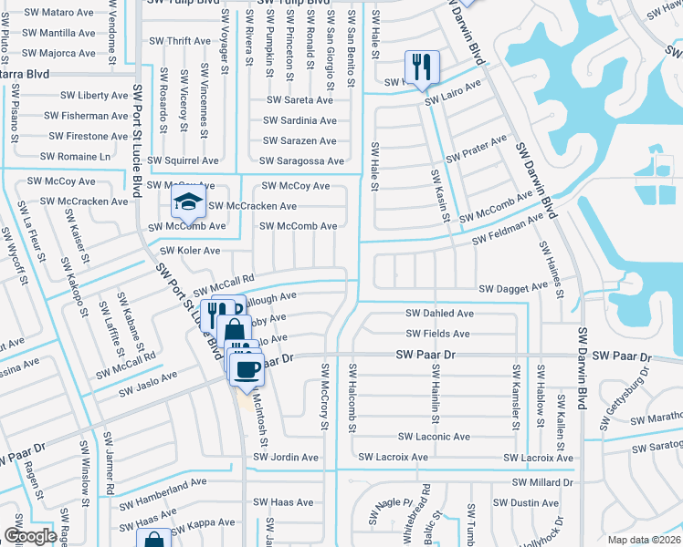 map of restaurants, bars, coffee shops, grocery stores, and more near 3801 Southwest McCrory Street in Port St. Lucie