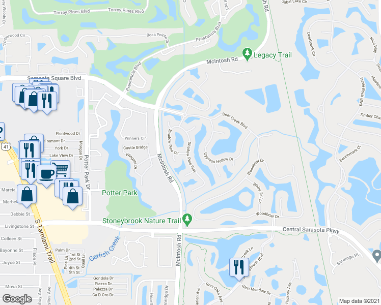map of restaurants, bars, coffee shops, grocery stores, and more near 8277 Shadow Pine Way in Sarasota