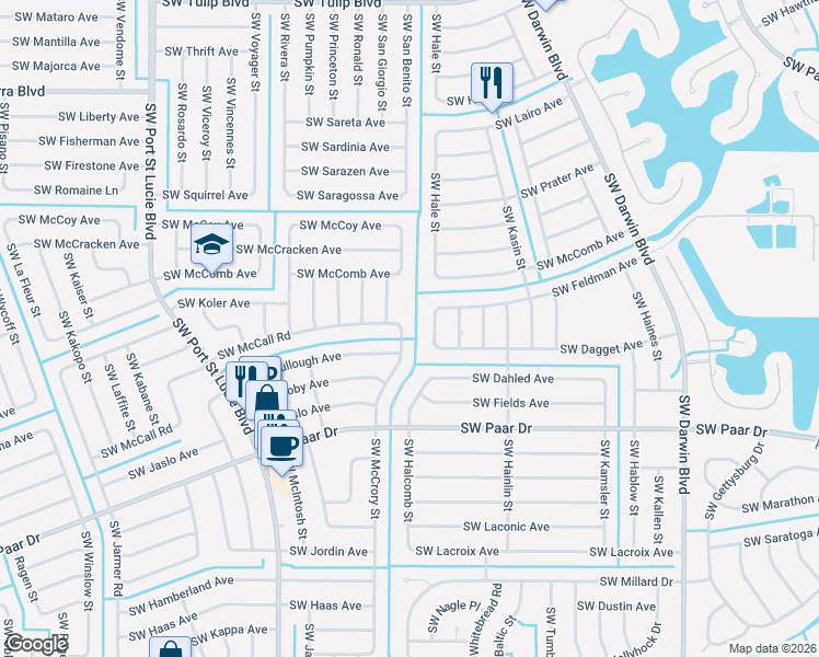 map of restaurants, bars, coffee shops, grocery stores, and more near 3801 Southwest McCrory Street in Port St. Lucie