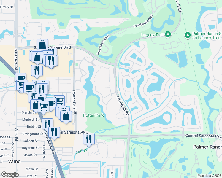 map of restaurants, bars, coffee shops, grocery stores, and more near 4220 Players Place in Sarasota
