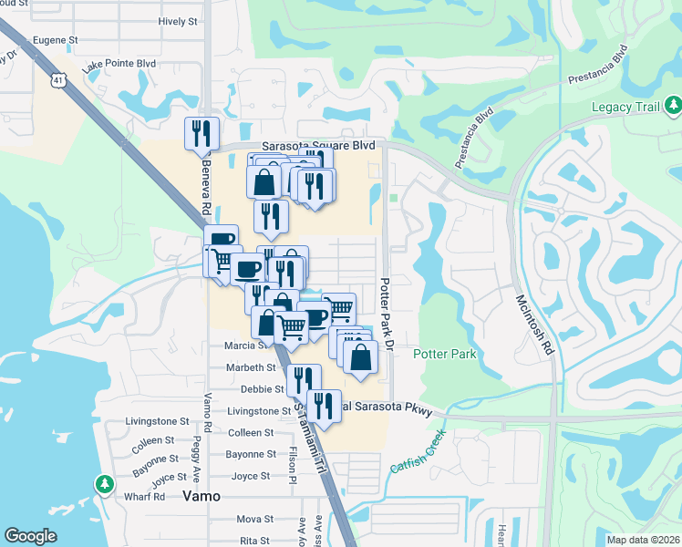 map of restaurants, bars, coffee shops, grocery stores, and more near 2313 Lake View Drive in Sarasota