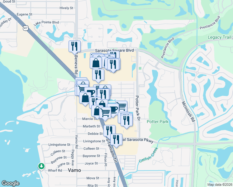map of restaurants, bars, coffee shops, grocery stores, and more near 2123 Lake View Drive in Sarasota