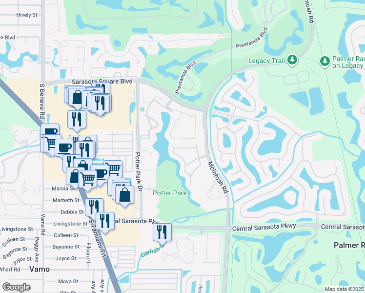 map of restaurants, bars, coffee shops, grocery stores, and more near 4230 Castlebridge Lane in Sarasota