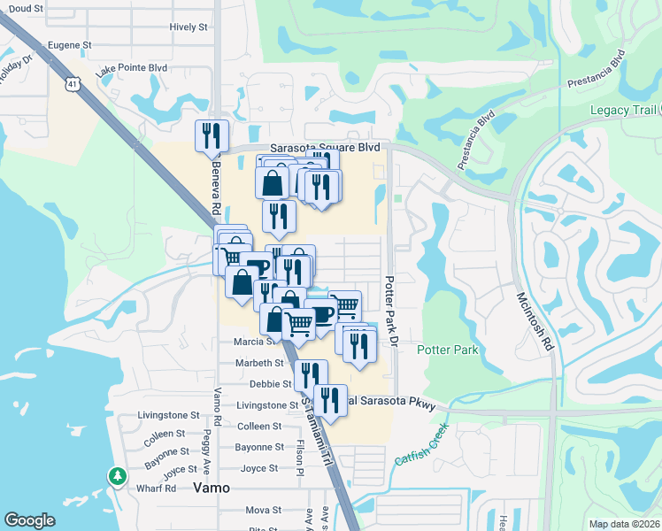 map of restaurants, bars, coffee shops, grocery stores, and more near 2123 Lake View Drive in Sarasota