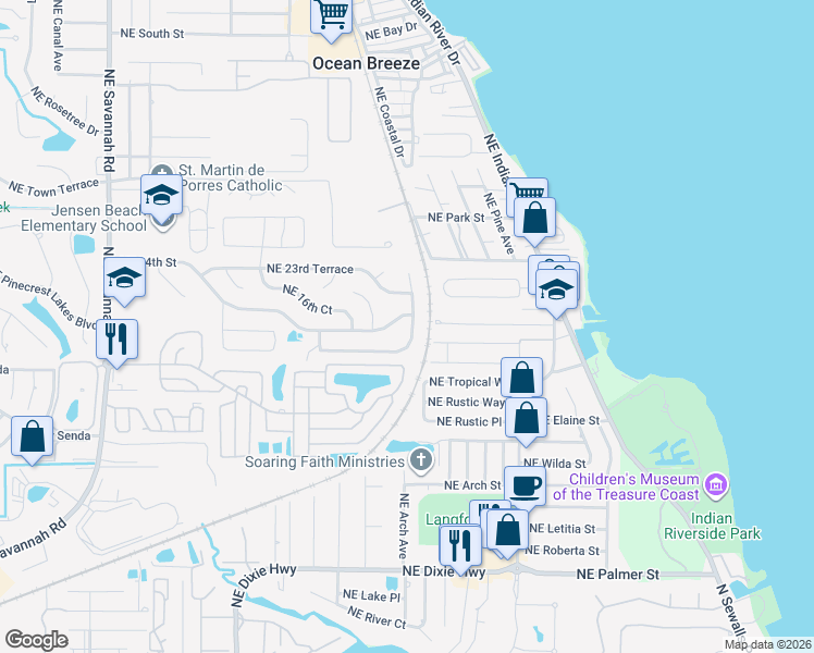 map of restaurants, bars, coffee shops, grocery stores, and more near 2212 Northeast 21st Avenue in Jensen Beach