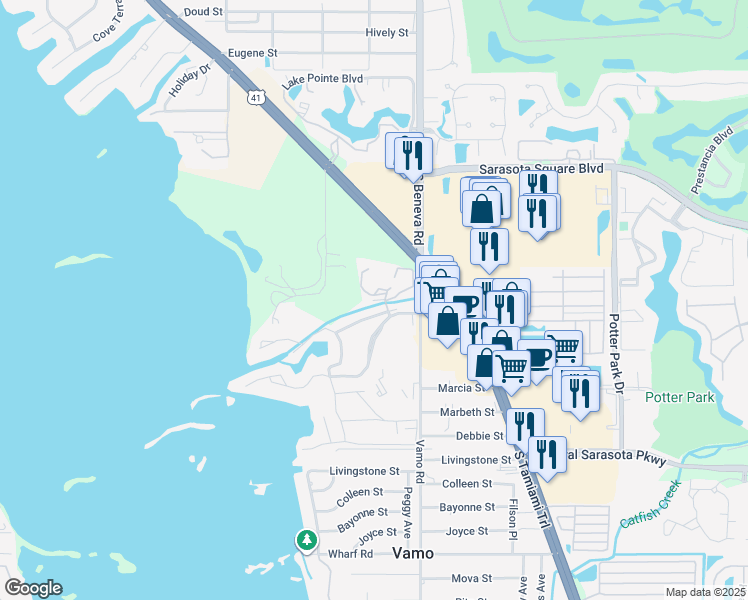 map of restaurants, bars, coffee shops, grocery stores, and more near 1622 Clower Creek Drive in Sarasota