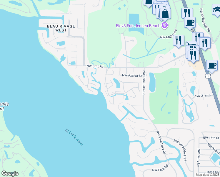 map of restaurants, bars, coffee shops, grocery stores, and more near 2223 Northwest 22nd Avenue in Stuart