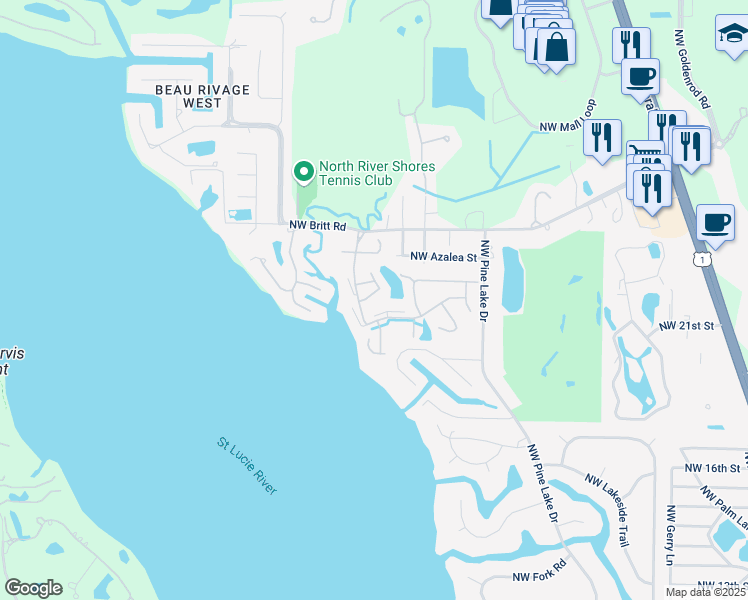 map of restaurants, bars, coffee shops, grocery stores, and more near 2253 Northwest 22nd Avenue in Stuart
