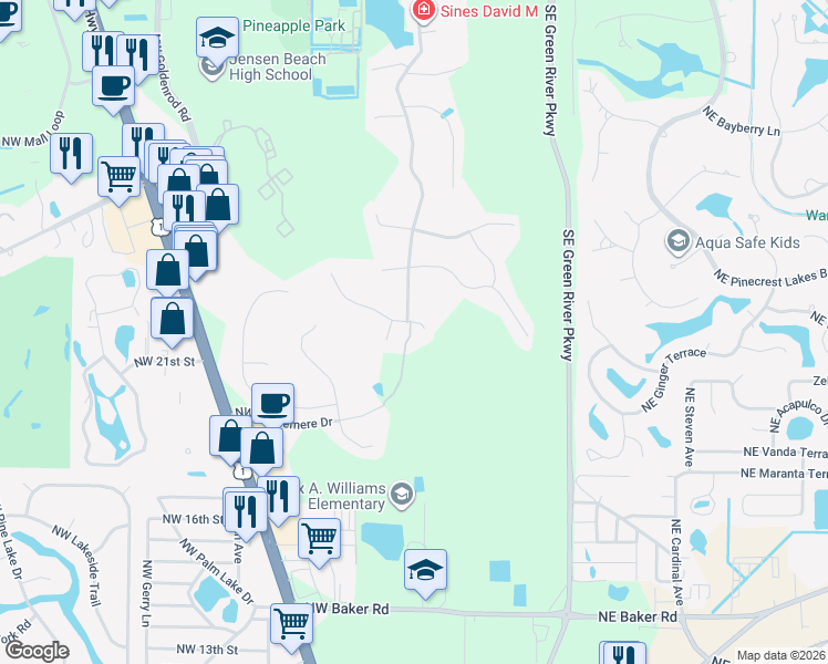 map of restaurants, bars, coffee shops, grocery stores, and more near 491 Northwest Windflower Terrace in Jensen Beach
