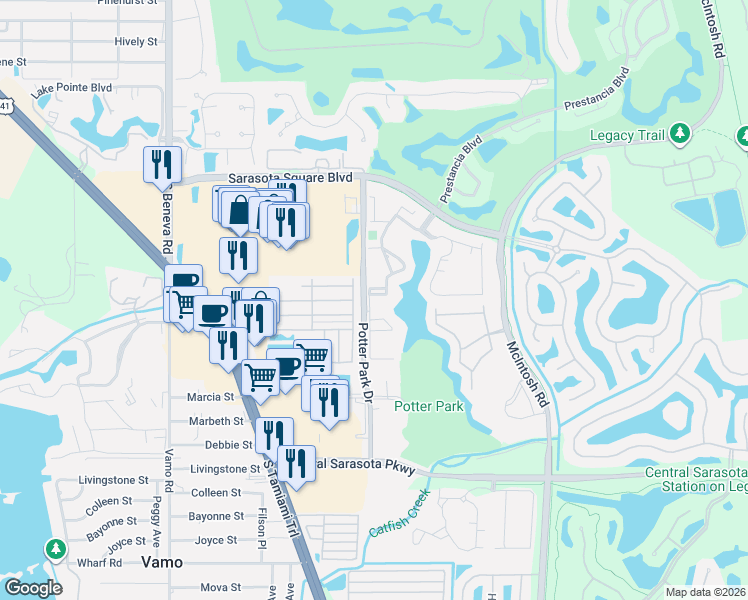 map of restaurants, bars, coffee shops, grocery stores, and more near 8261 Morgan Drive in Sarasota