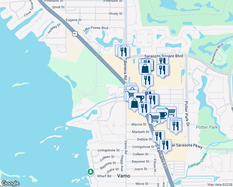 map of restaurants, bars, coffee shops, grocery stores, and more near 1617 Brookhouse Drive in Sarasota
