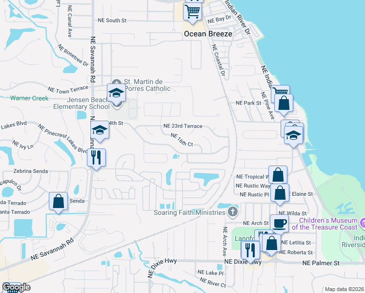 map of restaurants, bars, coffee shops, grocery stores, and more near 2298 Northeast 16th Court in Jensen Beach