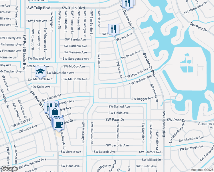 map of restaurants, bars, coffee shops, grocery stores, and more near 522 Southwest McComb Avenue in Port St. Lucie