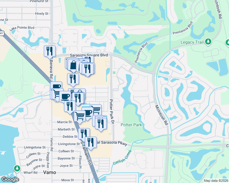 map of restaurants, bars, coffee shops, grocery stores, and more near 8261 Morgan Drive in Sarasota