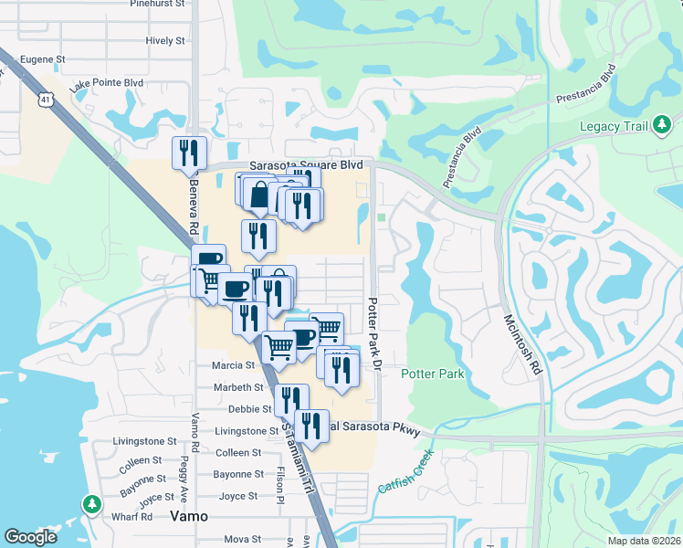 map of restaurants, bars, coffee shops, grocery stores, and more near 2322 Flentwood Drive in Sarasota