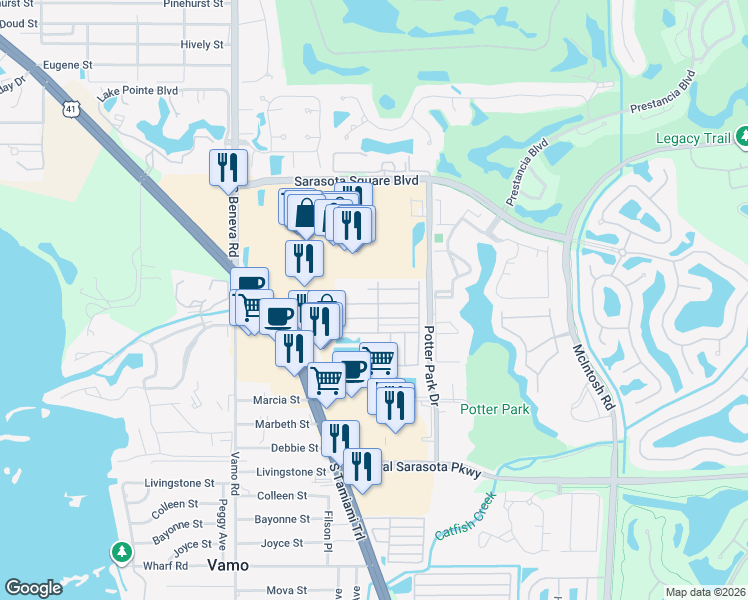 map of restaurants, bars, coffee shops, grocery stores, and more near 2322 Flentwood Drive in Sarasota