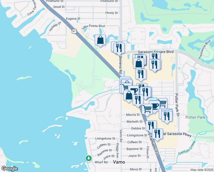 map of restaurants, bars, coffee shops, grocery stores, and more near 1617 Brookhouse Drive in Sarasota