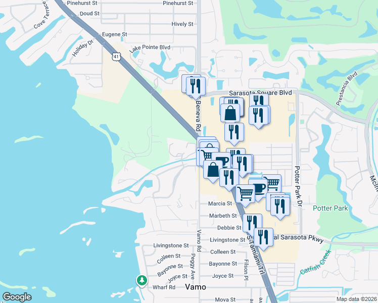 map of restaurants, bars, coffee shops, grocery stores, and more near 1657 Brookhouse Circle in Sarasota