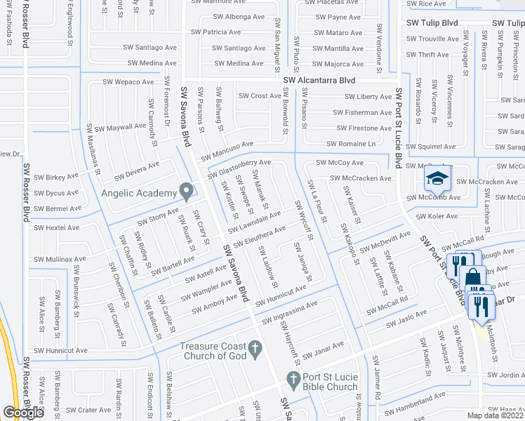 map of restaurants, bars, coffee shops, grocery stores, and more near 3782 Southwest Manak Street in Port Saint Lucie