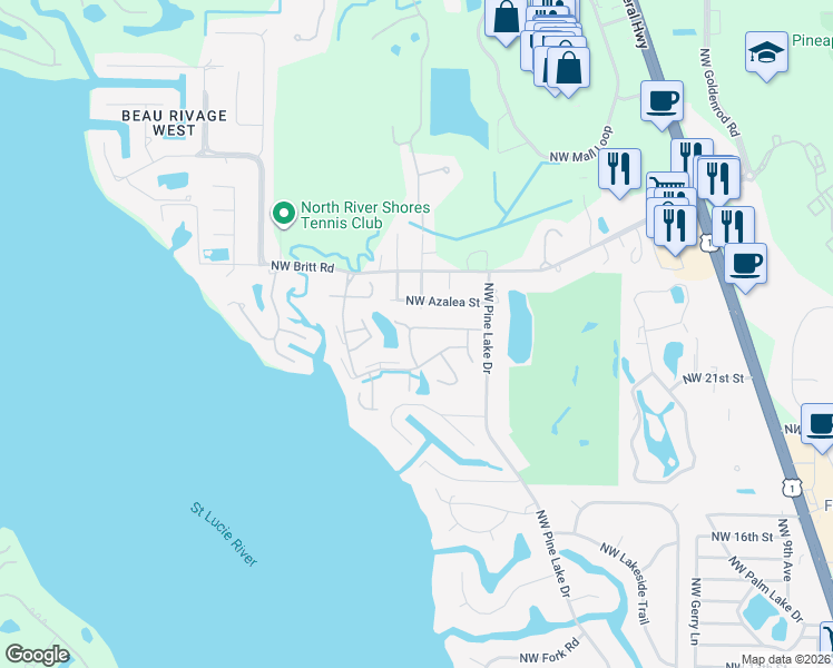 map of restaurants, bars, coffee shops, grocery stores, and more near 2211 Northwest 20th Avenue in Stuart