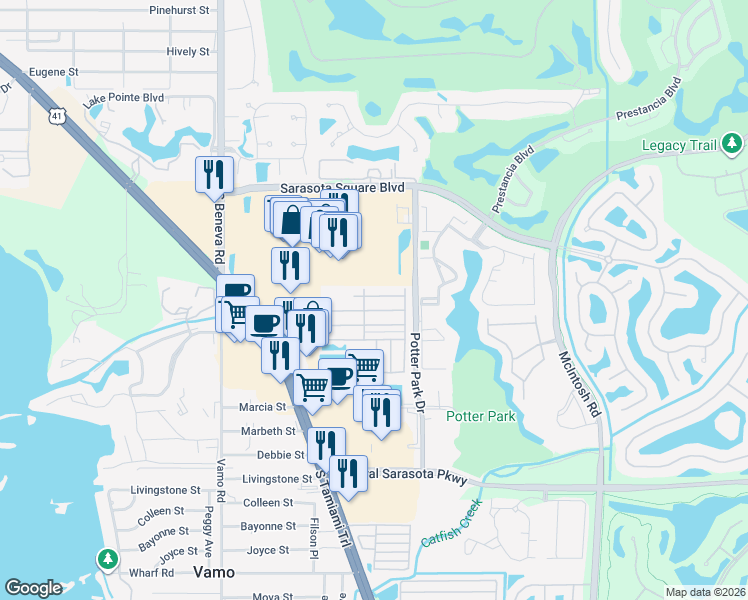map of restaurants, bars, coffee shops, grocery stores, and more near 2322 Flentwood Drive in Sarasota