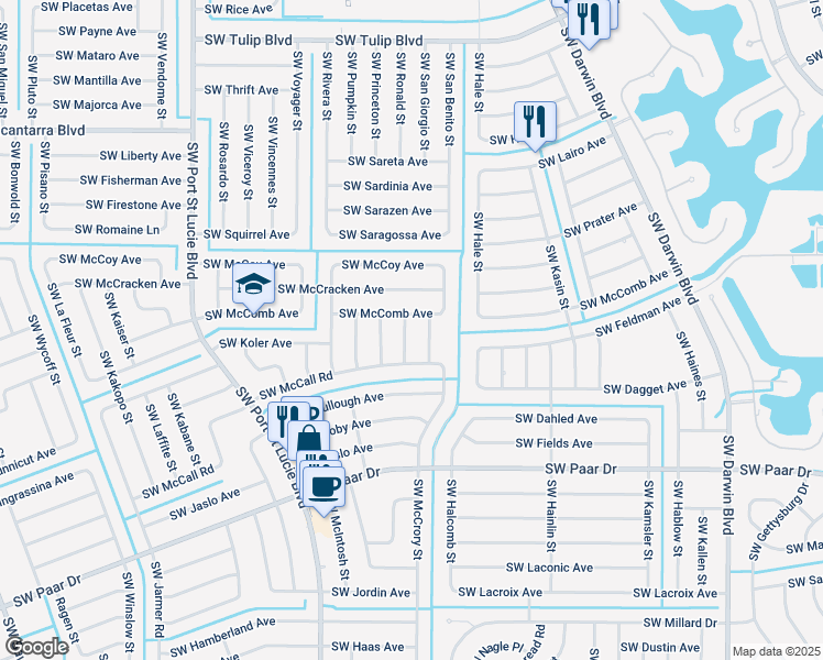 map of restaurants, bars, coffee shops, grocery stores, and more near 3817 Southwest McKim Street in Port St. Lucie