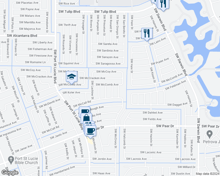 map of restaurants, bars, coffee shops, grocery stores, and more near 3816 Southwest McKim Street in Port St. Lucie