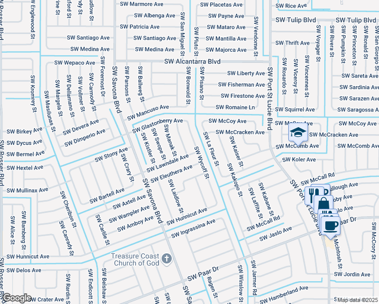 map of restaurants, bars, coffee shops, grocery stores, and more near 3792 Southwest Wycoff Street in Port St. Lucie