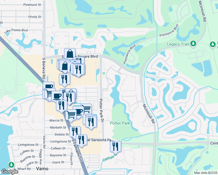 map of restaurants, bars, coffee shops, grocery stores, and more near 18 Crockers Lake Boulevard in Sarasota