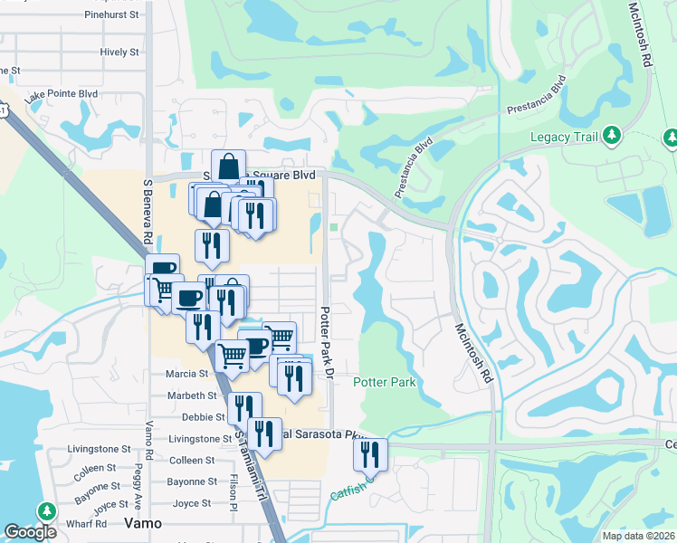 map of restaurants, bars, coffee shops, grocery stores, and more near 4040 Crockers Lake Boulevard in Sarasota