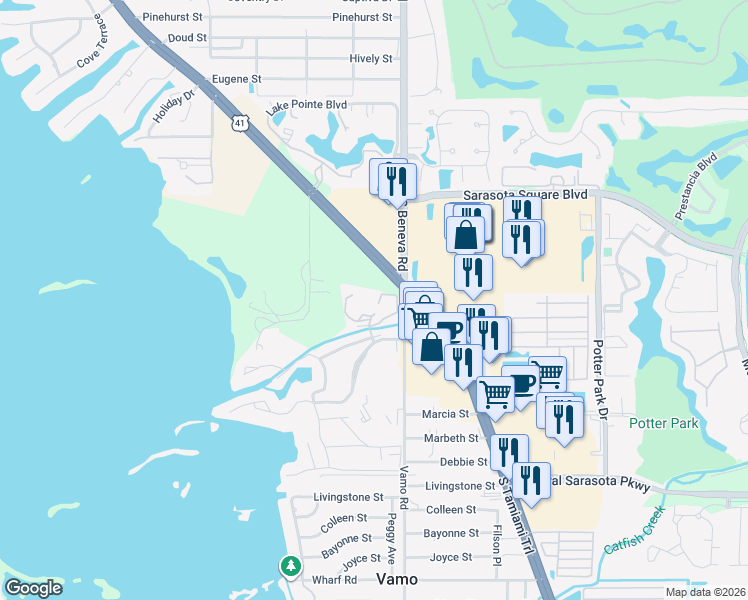 map of restaurants, bars, coffee shops, grocery stores, and more near 1657 Brookhouse Circle in Sarasota